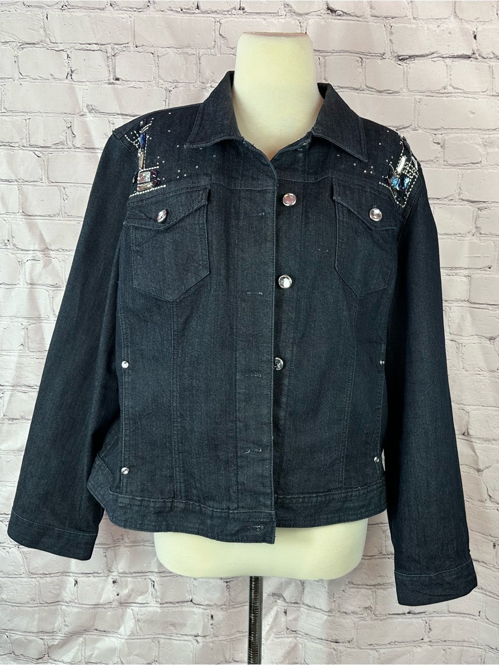 Chico's (3) platinum Denim Jacket womens XL Embellished coastal grandma boho